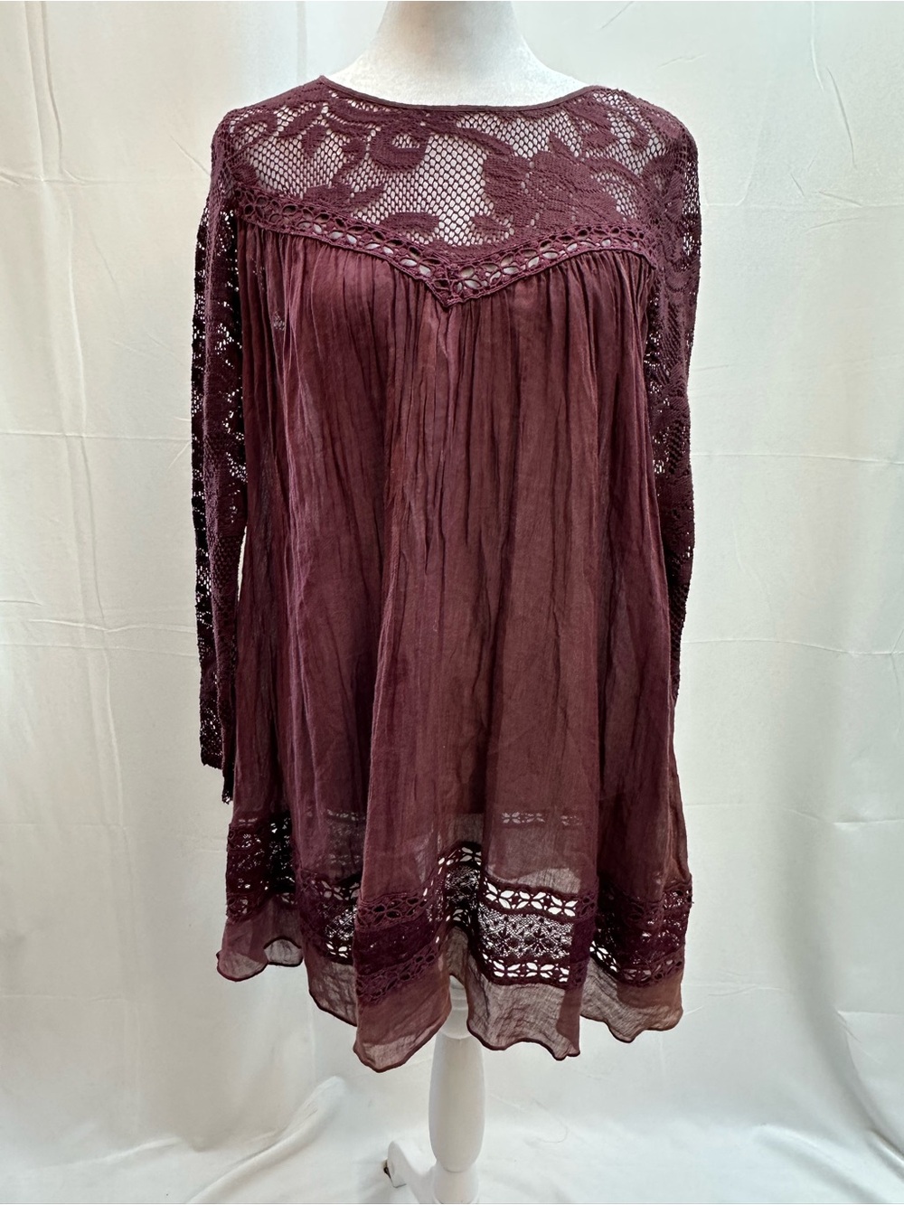 Fp One Maroon Vintage Boho Lace Sheer Mini Dress/Top S
